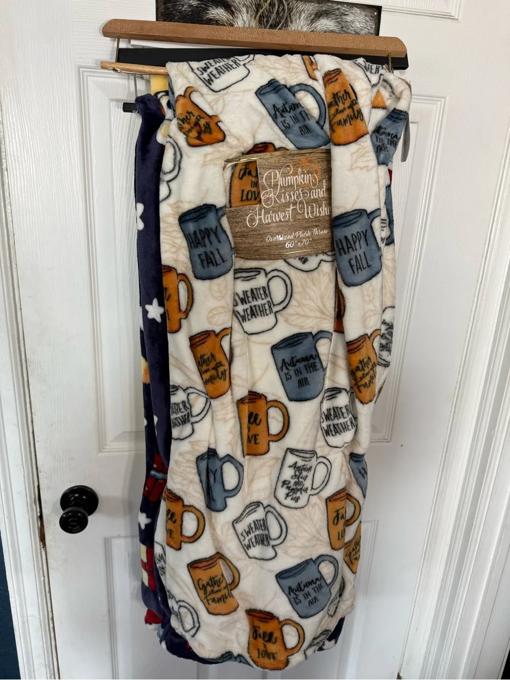 Cozy Fall Mug Print Throw Blanket - Cream, Blue & Orange. 60x70